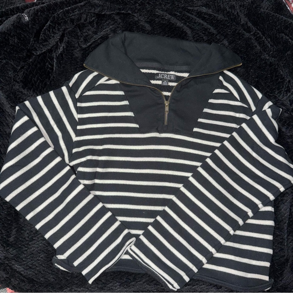 J. Crew Black and White Striped Half-Zip Funnel Collar Sweater